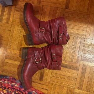 Red Combat Moto Boots with Buckles and Chunky Heel